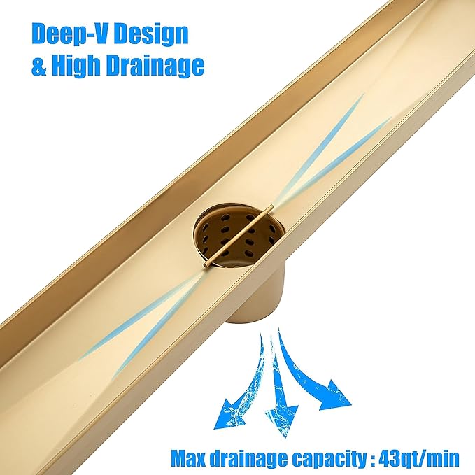 12 inch Linear Shower Drain with Removable Square Hole Panel by Using Brushed 304 Stainless Steel Process, Linear Drain Equipped with Adjustable Feet and Hair Strainer(Brushed Gold Color)