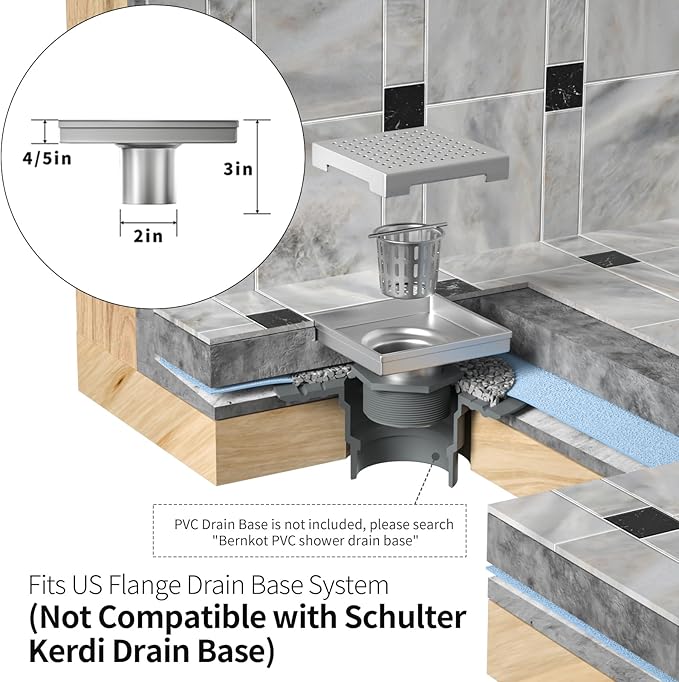 Square Shower Drain 4", 304 Stainless Steel Floor Drain with Grid Drain Cover & Hair Strainer, Retrofit Shower Drain w/CUPC Certified, Brushed