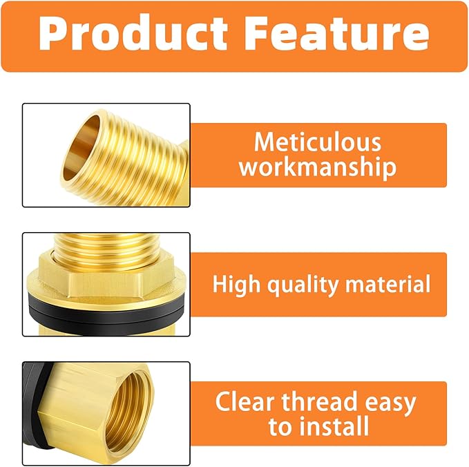GASHER 5PCS Brass 1/2" Female 1/2" Male Bulkhead Tank Connector Adapter Fitting with Rubber Ring