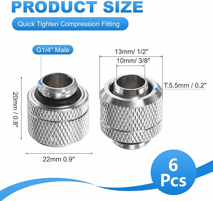 2-Pack G1/4" Thread 3/8 in ID 1/2 in OD Quick Tighten Compression Fitting - Durable Hard Tubing Compression Fitting for Soft Tubing, Computer Water Cooling System, Silver
