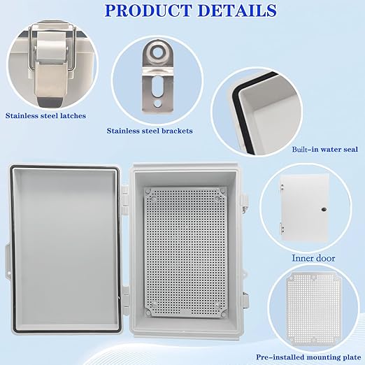 Waterproof Electrical Box with Mounting Plate, IP67 Junction Box Stainless Steel Latch Hinged Grey Cover Project Enclosure with Inner Door,Wall Bracket and 2 Glands 14" x 10" x 6"