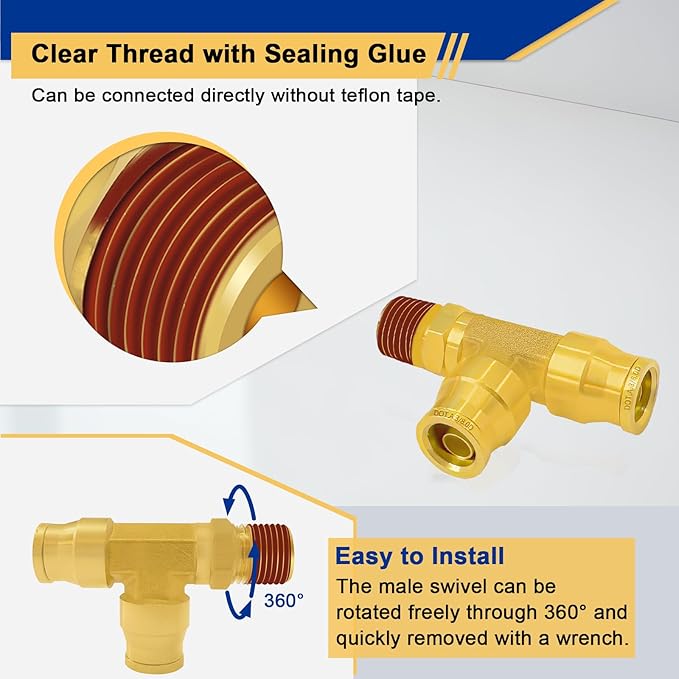 3/8" DOT Brass Air Line Fittings, 3PCS 3/8" OD Tube 1/4" Side NPT Brass Tee Union Push to Quick Connect Air Hose Fittings