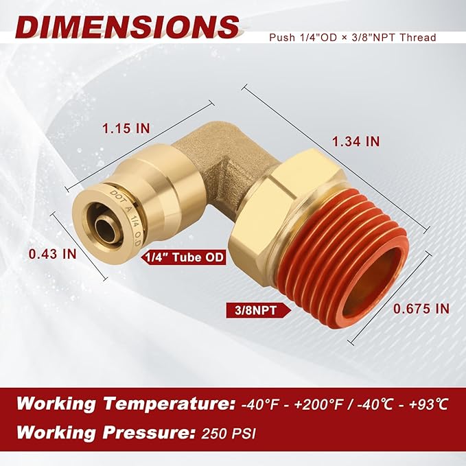 1/4" Quick Push to Connect Fittings Brass 90 Degree Union Swivel Elbow Joint DOT Approved 1/4" Tube OD x 3/8" NPT Thread Air Brake Line Adapter Air Suspension Kit for Car Truck Trailers 5pcs