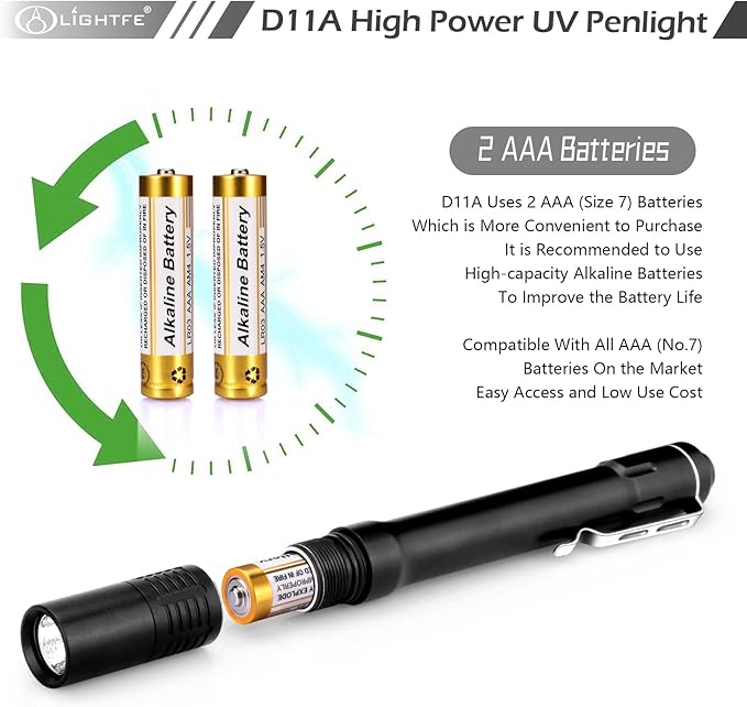 LIGHTFE Black Light D11A 395nm Ultraviolet Flashlight with high-Power Ultraviolet LED Light Source, Used for UV Glue Curing, Rock and Mineral Detection, pet Urine Detection lamp, AC Leak Detector