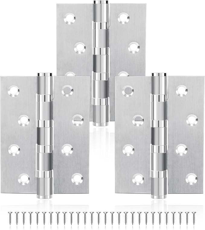 3Pcs Stainless Steel Door Hinges 4 Inch, Heavy Duty Ball Bearing Hinges for Interior Exterior Doors, Square Corner, Max Loading 150LB, Smooth and Quiet, Silver