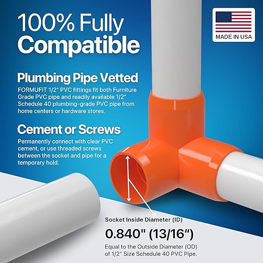 FORMUFIT 1/2” 3-Way Elbow Furniture Grade PVC Fitting in Orange, Made in USA, UV-Resistant, Impact-Proof, 0.840” Actual Socket Diameter (Pack of 10)