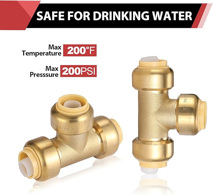 EFIELD Push-Fit Fitting 3/4" Tee to Connect Pex, Copper, CPVC Pipe with a Disconnect Tool Clip,(PF114)