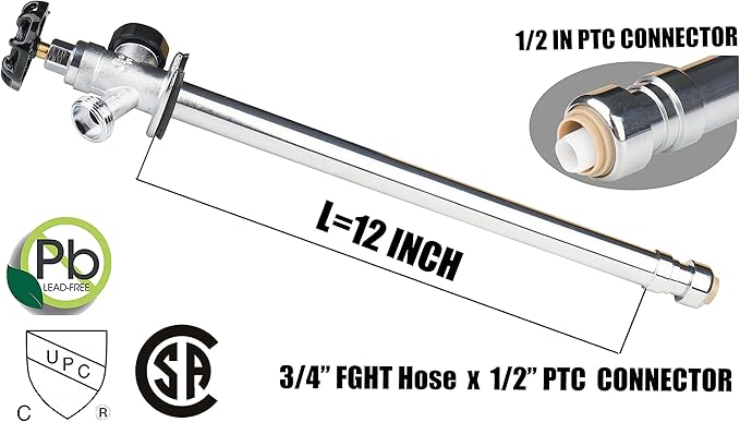 WHK 12 Inch Frost Free Outdoor Faucet Sillcock 1/2 x 3/4 Inch MHT, Frost Proof Outdoor Faucet Bib with 1/2" Push-to-Connect Plumbing Fittings, Brass Push Fit Connector for Copper, PEX, CPVC Pipe