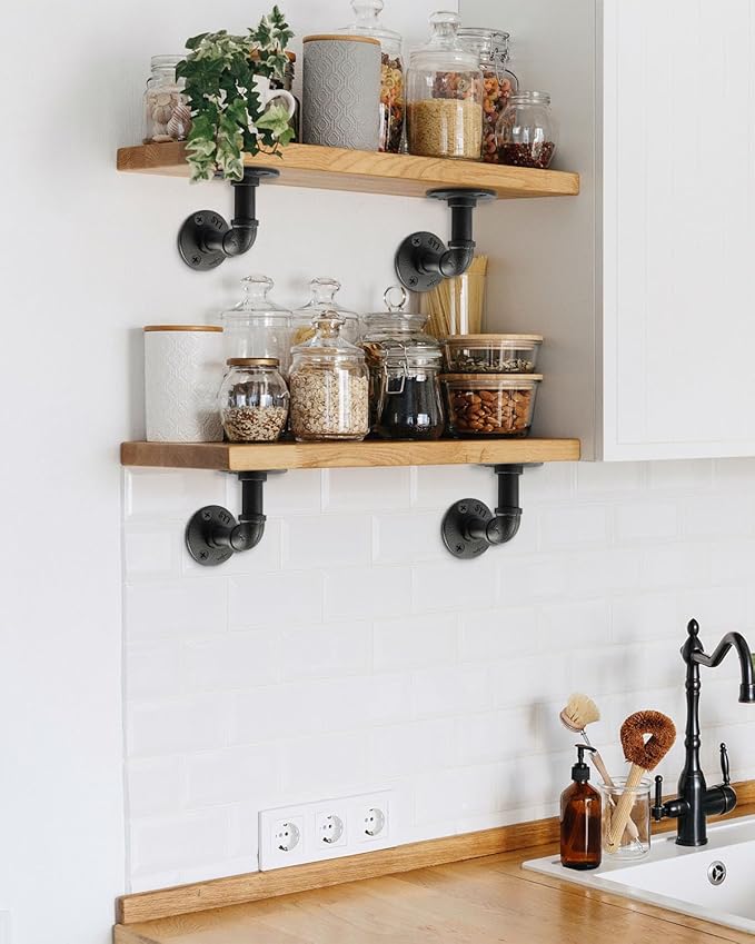 MUZIK Floating Shelf Bracket, 24 Pack Heavy Duty Wall Mount Metal Shelving Brackets for Shelves, Industrial Vintage Black Iron Finish DIY Pipe Shelving (4*4 Inch)