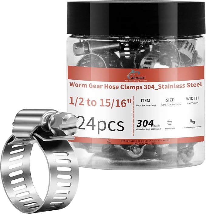 24 Pack 1/2" - 15/16" Worm Gear Hose Clamps, Adjustable Range 13-23mm 304 Stainless Steel Fuel Line Hose Clamps for Pipe, Plumbing, Automotive and Mechanical Application