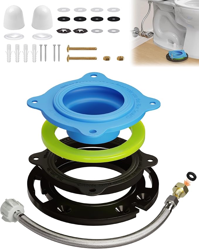 Toilet Flange Repair Kit with Elastic Wax Ring & 16" Water Supply Line, All-in-One Toilet Installation Kit, 3"/4" Drain Compatible, Rubber Gasket Seal Replacement Kit Bathroom DIY Fix Solution