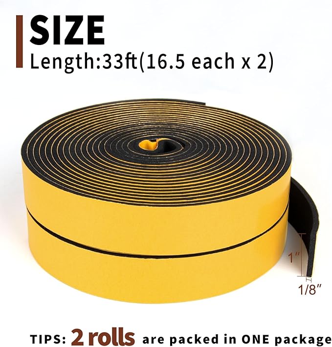Yotache Weather Stripping 2 Rolls 1" W X 1/8" T (New Adhesive Craft), Neoprene Foam Weatherstrip Tape for Automotive, 33 Ft Length (2 X 16.5 Ft Each)