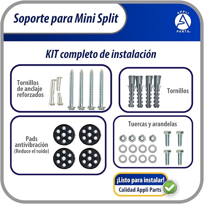Appli Parts Soporte para montaje en pared de Unidad Condensadora Externa de Mini Split hasta 150kg modelo APAB-2160 incluye kit de fijacion, pernos y gomas