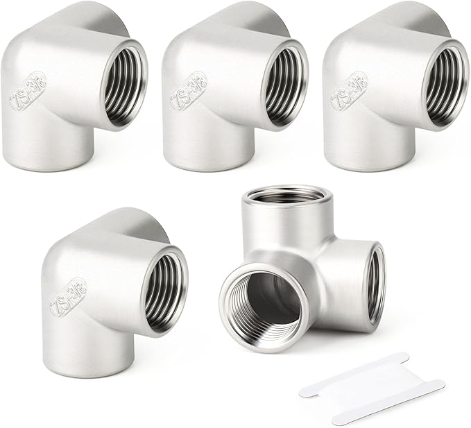 TAISHER 5PCS 304 Stainless Steel 3 Way Corner Pipe Fittings, 3/8" x 3/8" x 3/8" Female Pipe Fittings