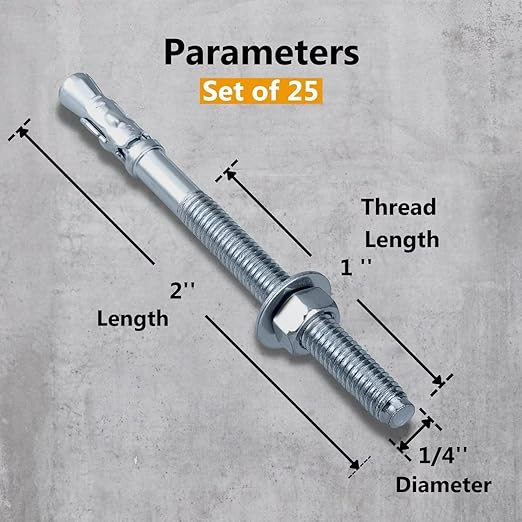 Party Animals 1/4 x 2 Inch Wedge Anchor, 25 PCs Zinc-Plated Industrial Anchor Bolts for Cement, Concrete