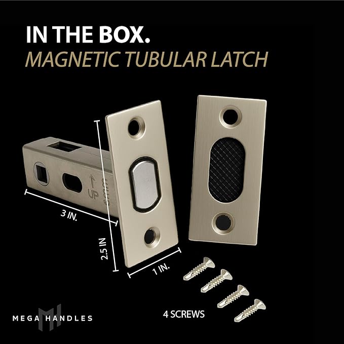 Mega Handles Magnetic Tubular Door Latch - 3 Inch Magnetic Exterior Door Latch, Standard Door Latch Replacement Suitable for Every Door Handle & Knob Brand - Satin Nickel