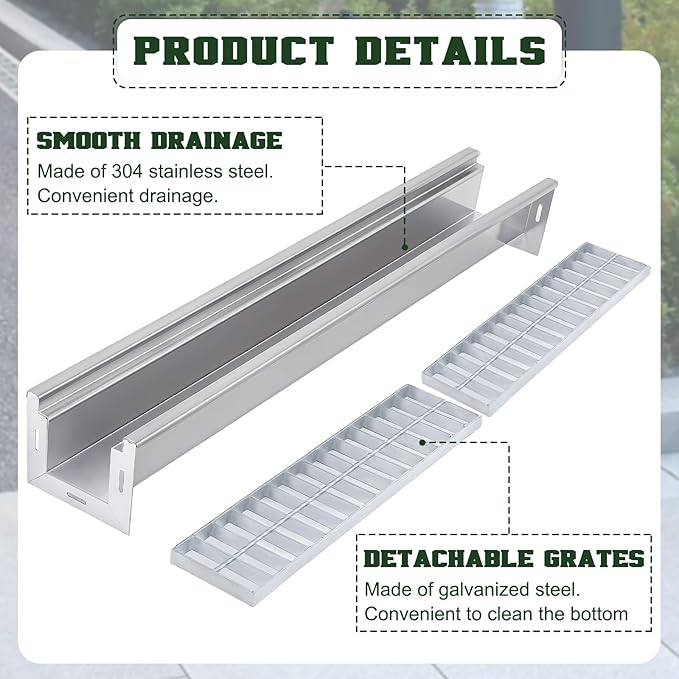 Blulu 2 Pcs 304 Stainless Steel Channel Drain with Galvanized Steel Grate 39.4x5.9x5.5 Inch Trench Drain Kit for 3'' Pipe Durable French Drains System for Outdoor Driveway Garage Yard (Silver)