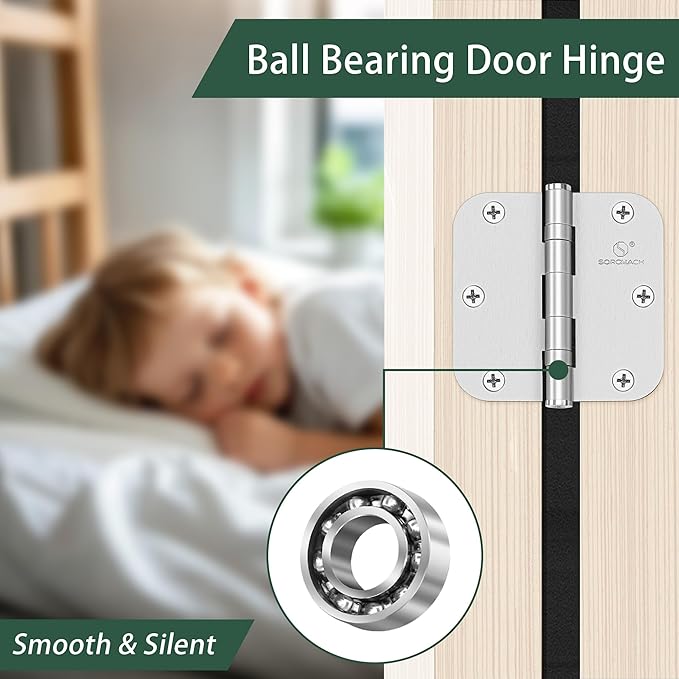 304 Stainless Steel Hinges 5/8 Radius Corners 3.5'' Ball Bearing Brushed Satin Nickel Door Hinges for Interior Exterior Door-3 Pack