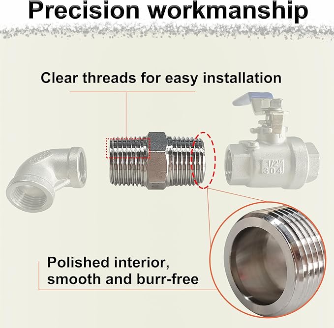 1/2" Male x 1/2" Male Hex Nipple Pipe Fittings, 304 Stainless Steel 1/2 inch NPT Male Threaded Pipe Adapter Fittings Equal Nipples Connectors, Male Straight Connector Pipe Fitting (1/2“, 2pcs)