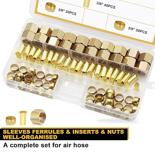 Siptenk 3/8" Brass Compression Fittings Sleeves Ferrules Inserts Nuts Fittings, 100PCS Brass Ferrule Tubing Insert Kit for DOT Air Brake Line Fittings