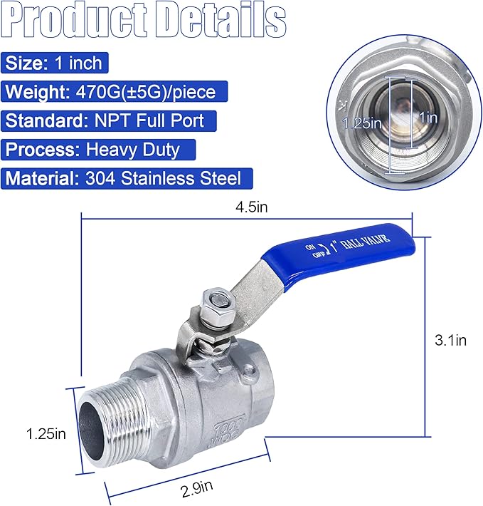 1 Inch Ball Valve, Heavy Duty Male NPT (MNPT) X Female NPT (FNPT) Thread Shut-Off Valve, 304 Stainless Steel NPT Full Port Forged 1" Ball Valve for Water Oil and Gas, 1000 WOG (2 pieces)