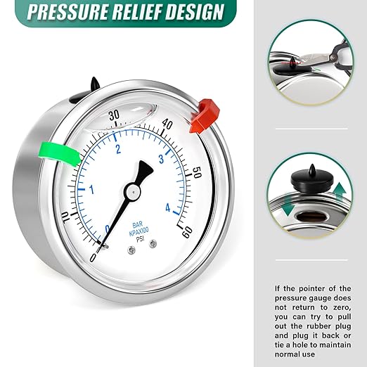 0-60psi Stainless Steel Glycerin Liquid Filled Pressure Gauge 1/4" NPT 2.5" Face Dial Center Back Mount, for Water, Oil and Air Pressure Testing (with Range Mark Pointer)