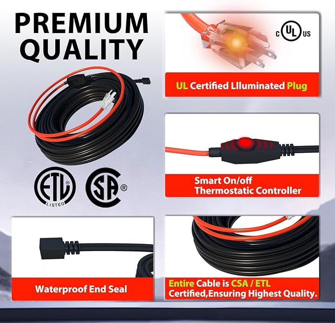 HEATIT Heating Cable for Water Pipes Automatic Heat Tape Pipe Freeze Protected Heated Cable 35 Feet