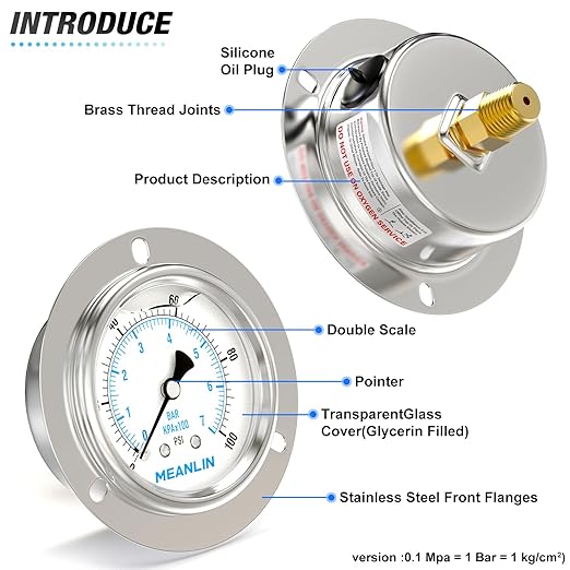 MEANLIN MEASURE 0~100Psi Liquid Filled Pressure Gauge Front Flange Panel Mount, 1/4" NPT 2.5" FACE DIAL Stainless Steel Case with Phillips Screw, Nut and Brass Hex Bushing, +/-3-2-3%