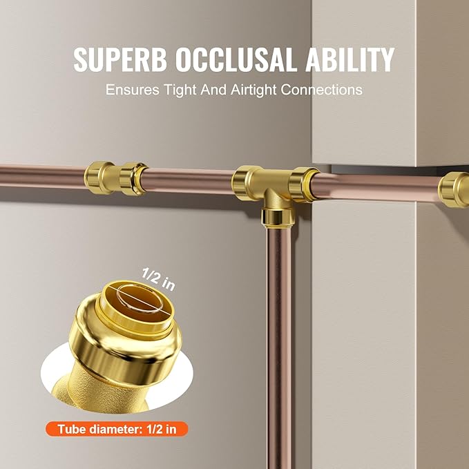 VEVOR Pipe Fittings, 1/2" 12PCS Brass Pipe Fittings, Straight-Through Push-Fit Pipe Connector Brass Air Fittings, Heavy Duty Plumbing Fittings Adapter for Heating/Shower Systems, Water Pipes