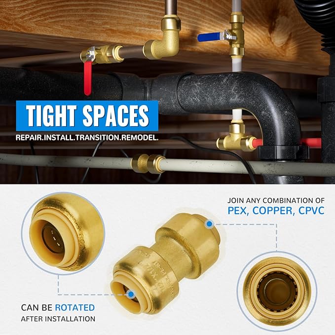SUNGATOR Plumbing Fittings 1/2 Inch, Push Pex Fittings 1/2", 10 Each Coupling and 90 Degree Elbow, Tee (5 PCS), No Lead Brass Push to Connect Pex Pipe, Copper, CPVC, with 1 Disconnect Clip, Pack of 25