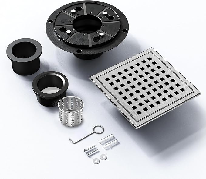 6 Inch Square Shower Floor Drain,304 Stainless Steel Square Shower Drain, High Flow Design CUPC & Watermark Certified(Brushed Nickel, 6 in)