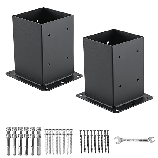 4x4 Post Base 2 Pcs, (Inner Size 3.6x3.6) Post Anchors, 13GA Thick Solid Steel & Black Powder Coated,Deck Post Brackets Support Deck Base Plate Pergola Brackets Fence Kit Mailbox Mount
