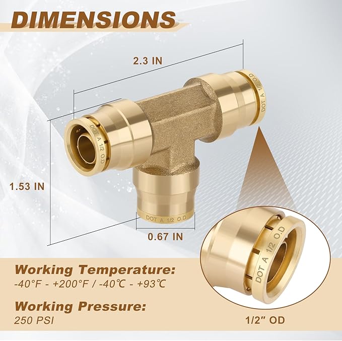 1/2" Quick Push to Connect Fittings Brass Union Tee Shaped Joint DOT Approved 1/2 Inch OD 3 Way Tube Air Line Adapter Air Spring Suspension Kit for Car Truck Trailers and Air Brake System 5pcs