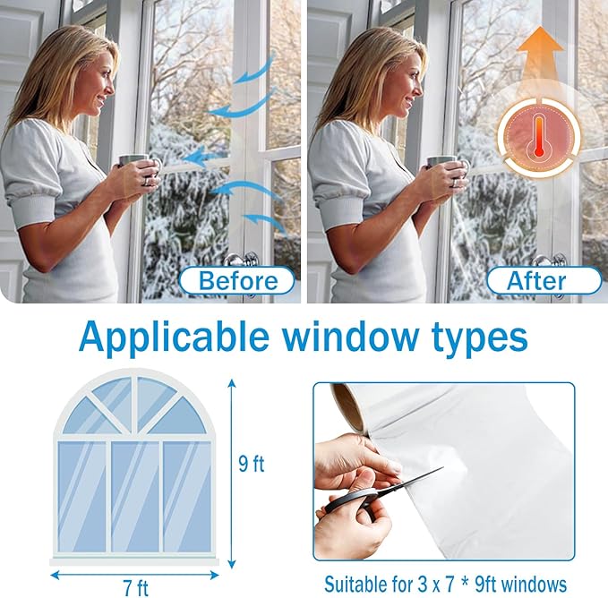 Window Insulation Kit, 87 × 394 Inch Plastic Window Covering for Winter, Window Insulation Film Window Wrap Insulation Windows Winterizing Kit with Double-Sided Tape for 3 Pcs 7 x 9 Ft Windows