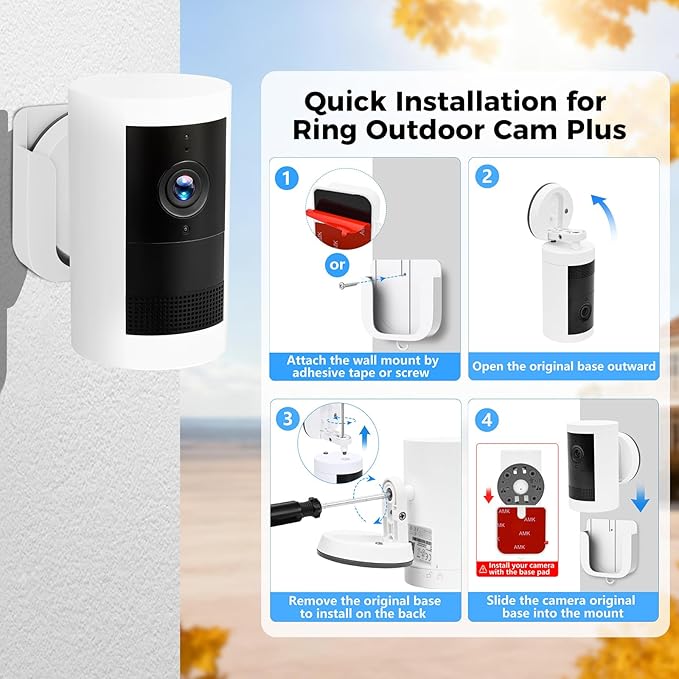 No Drill Wall Mount for Ring Outdoor Cam Plus, Adhesive Indoor Camera Mount with Strong Tape and Screws, Two Ways Easy Installation, 2Pack(White)