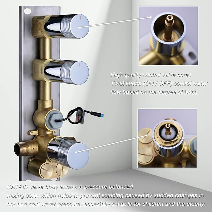 Concealed Mount Brass Shower Valve, Digital Temperature Display, Flow Control Mixing Valve, 2 Function, Chrome