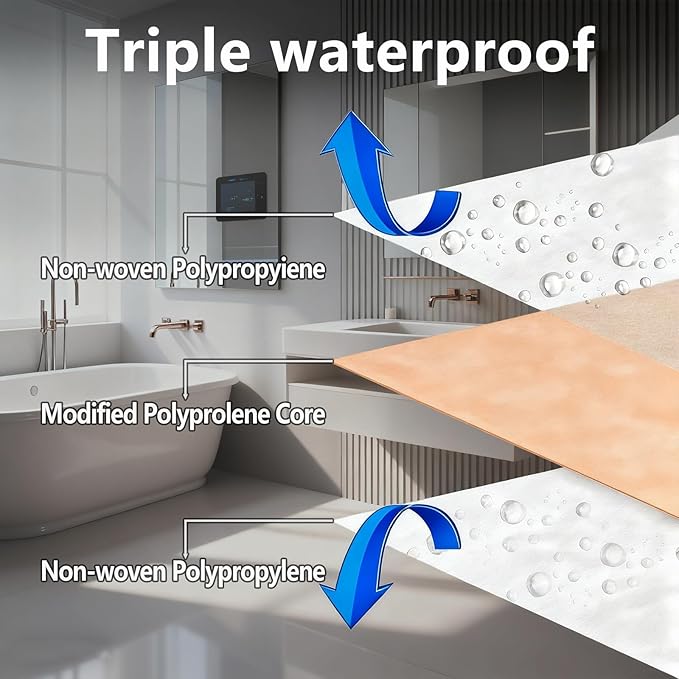 3.3 FT x 98.5 FT Waterproof Membrane for Shower, 23.6 mils Thick Underlayment Waterproof Polyethylene 323 sq ft, Walls Tile Underlayment Fabric for Sauna Bathroom, Bathroom