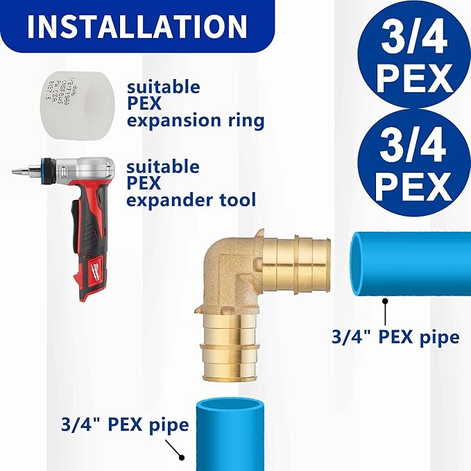 (5 Pack) Lidertik Pex Fittings 3/4 Inch 90 Degree Elbow Expansion Fitting, 3/4" PEX ASTM F1960 to 3/4" PEX ASTM F1960 Brass plumbing connection, Only for PEX Tube Expansion Install