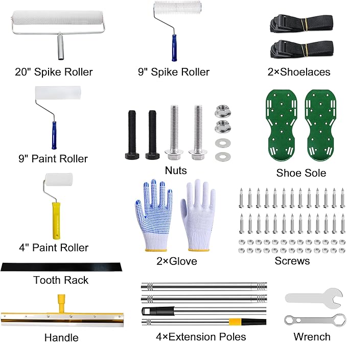 Self Leveling Cement Tool kit, Spiked Roller with Extension Pole for Self Leveling, Paint Rollers, Epoxy Tool Kit, Epoxy Shoes Spikes for Concrete and Cement Flooring(Basic)