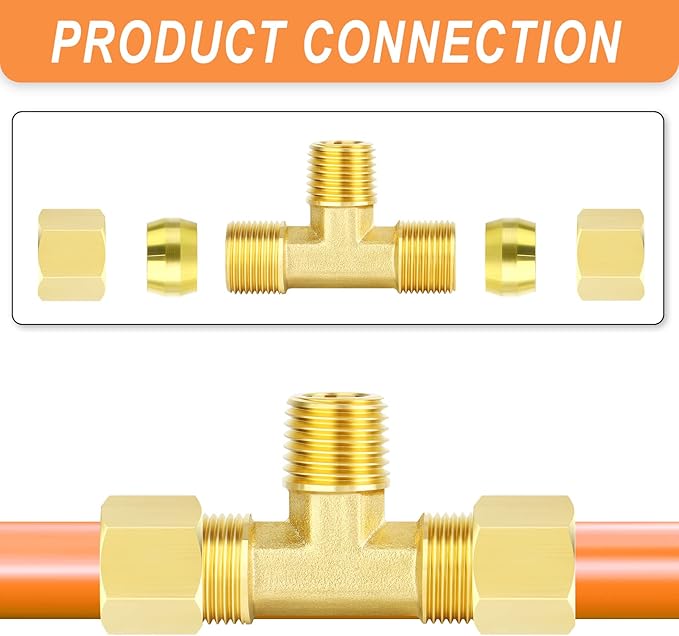GASHER 5PCS Brass Compression Tube Pipe Fitting Connector, Tee，3/8" x 3/8" x 3/8" Tube OD Connector