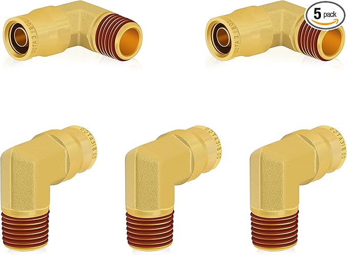 Siptenk 3/8" Elbow DOT Brass Push to Connect Air Line Fittings 5 PCS, 3/8" OD Tube x 1/4" NPT Thread Air Brake Line Quick Connect Fittings for Truck Trailers Industry Air System