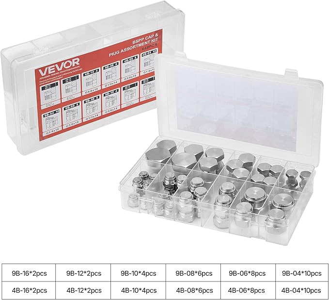 VEVOR 64 PCS BSPP Hydraulic Fittings, Hydraulic Cap and Plug Kit with Precision Threading, Galvanized Steel Heavy Duty Hydraulic Fitting Adapter Kit, Dash Sizes 04/06/08/10/12/16