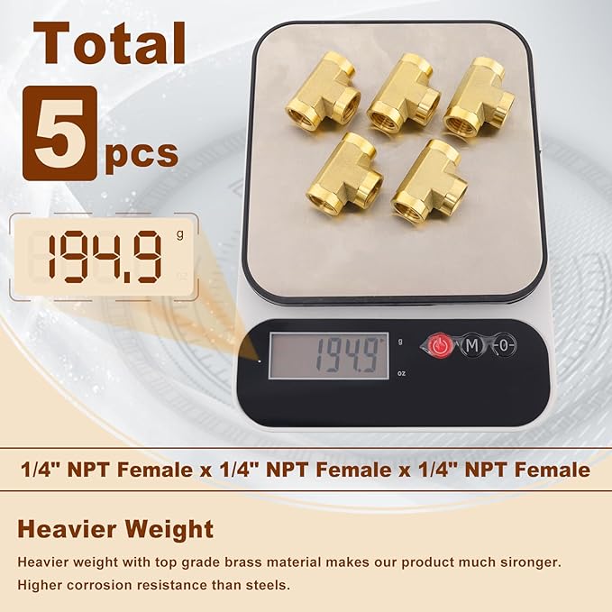 5pcs 1/4" Brass Tee Fittings 1/4" NPT Female Pipe to 1/4" NPT Female Pipe to 1/4 Inch NPT Female Brass Barstock Street Tee Pipe Fittings 3 Way Forged Brass Fittings