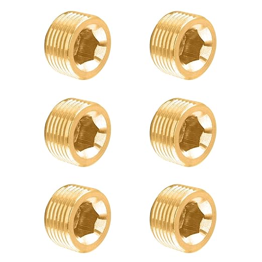 Glarks 6Pcs Brass 1/4'' NPT Male Pipe Plug Fitting Set Internal Hex Thread Socket Pipe Plug Assortment Kit