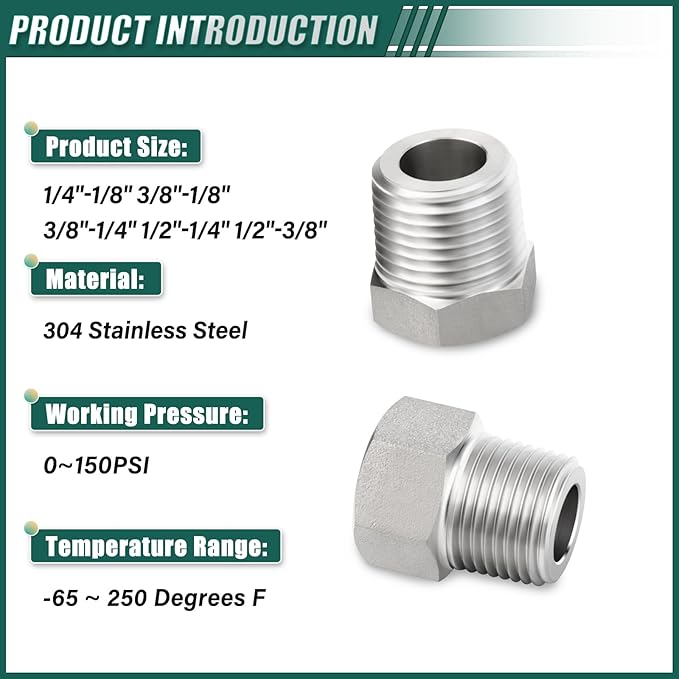 10PCS 304 Stainless Steel Reducer Hex Bushing, 3/8" - 1/4",1/4" - 1/8",3/8" - 1/8",1/2" - 3/8",1/2" - 1/4", Reducing Pipe Adapter Fitting, for Air/Fuel/Water/Gas/Oil