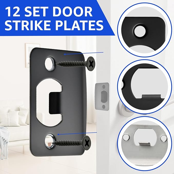 12 Pcs Deadbolt Strike Plate, Stainless Steel Round Corner Door Strike Plate Black Deadbolt Covers Door with Screws Reinforcement Kit