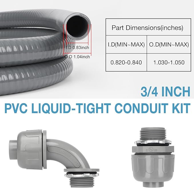 HOXHA 3/4 Inch 6 Ft Electrical Conduit Kit AC Whip Kit Flexible PVC Non Metallic Liquid Tight Conduit, Electrical Wire Conduit Pipe with Straight and 90-Degree Conduit Connector Fittings