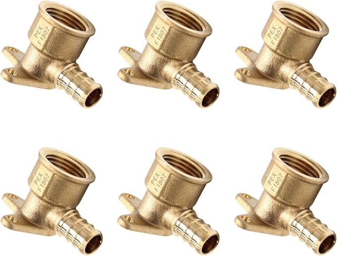 6-Pack Pex 1/2 Inch x 1/2 Inch Female NPT Drop-Ear Elbow Crimp Brass Fittings, ASTM F1807,(PEX1807225-6PCS)