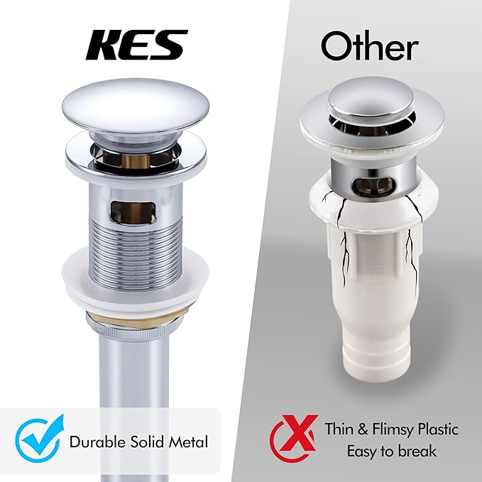 KES Bathroom Sink Drain Pop Up Drain with Overflow, Sink Stopper All Metal Rustproof Polished Chrome, Brass and SUS304 Stainless Steel, S2008S62A-CH