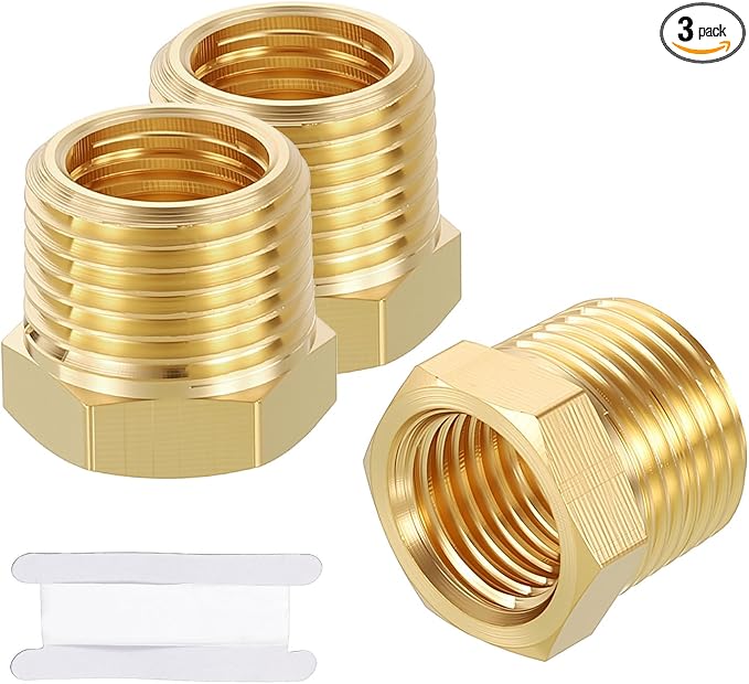 3 Pack Male to FeMale Adapters, 3/8" Male NPT x 1/4" FeMale NPT Brass Hex Bushing Reducer W/Sealing Tape for Industrial, Automotive, Fluid Transfer, Home Gardening, Water Treatment